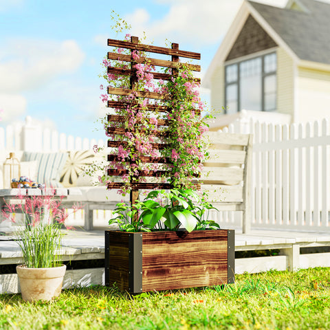 Floreira Exterior de Madeira Floreira com Treliça para Plantas Trepadeiras Tecido não Tecido Rodas e Cantos Metálicos de Dupla Camada para Pátio Varanda 65x31x147 cm Madeira