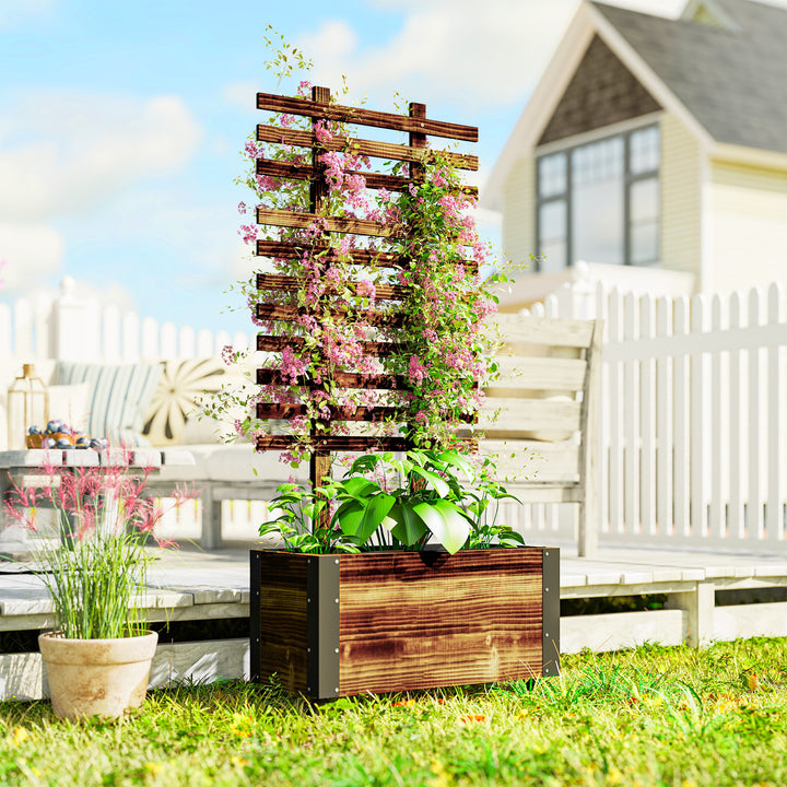 Floreira Exterior de Madeira Floreira com Treliça para Plantas Trepadeiras Tecido não Tecido Rodas e Cantos Metálicos de Dupla Camada para Pátio Varanda 65x31x147 cm Madeira
