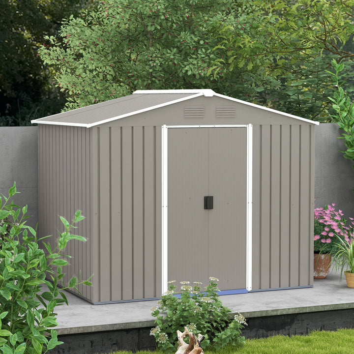 Abrigo de Jardim de 3,6 m² 236x174x190 cm Abrigo de Exterior para Armazenamento de Ferramentas com Portas de Correr e 4 Janelas de Ventilação para Pátio Cinza Claro