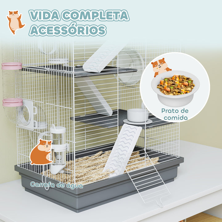 Gaiola para Hámster 47x30x70 cm Casa para Animais Pequenos com Túnel Plataformas Tigela Bebedouro Casinha Rampas e Roda de Exercício para Hámsters Anões Gerbos Cinzento