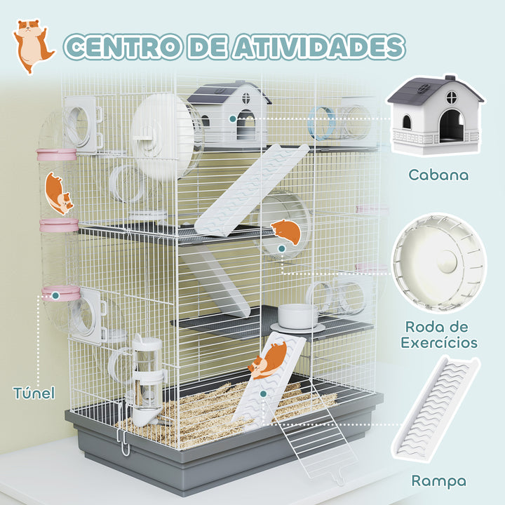 Gaiola para Hámster 47x30x70 cm Casa para Animais Pequenos com Túnel Plataformas Tigela Bebedouro Casinha Rampas e Roda de Exercício para Hámsters Anões Gerbos Cinzento