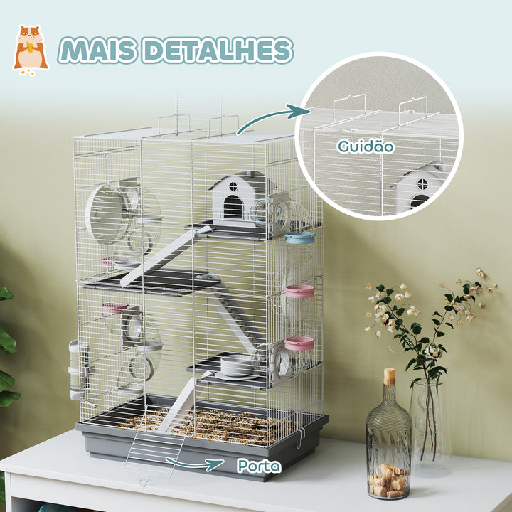 Gaiola para Hámster 47x30x70 cm Casa para Animais Pequenos com Túnel Plataformas Tigela Bebedouro Casinha Rampas e Roda de Exercício para Hámsters Anões Gerbos Cinzento