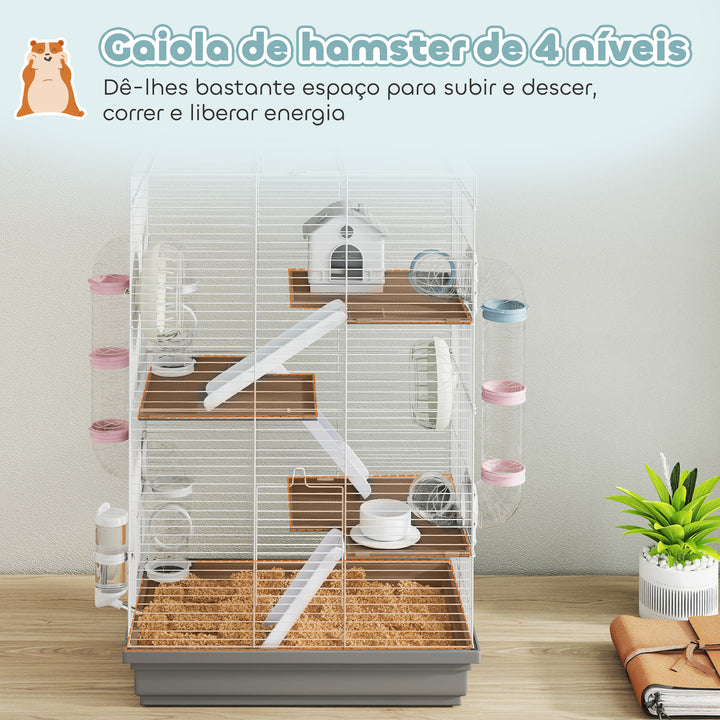 Gaiola para Hámster 47x30x70 cm Casa para Animais Pequenos com Túnel Plataformas Tigela Bebedouro Casinha Rampas e Roda de Exercício para Hámsters Anões Gerbos Cinzento
