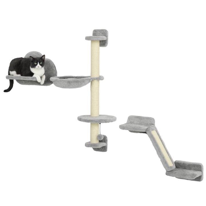 Conjunto de Prateleiras de Escalada para Gatos de 3 Peças Prateleiras de Parede para Gatos com Rede Rampa Arranhador Plataforma em Forma de Nuvem para Saltar Cinzento