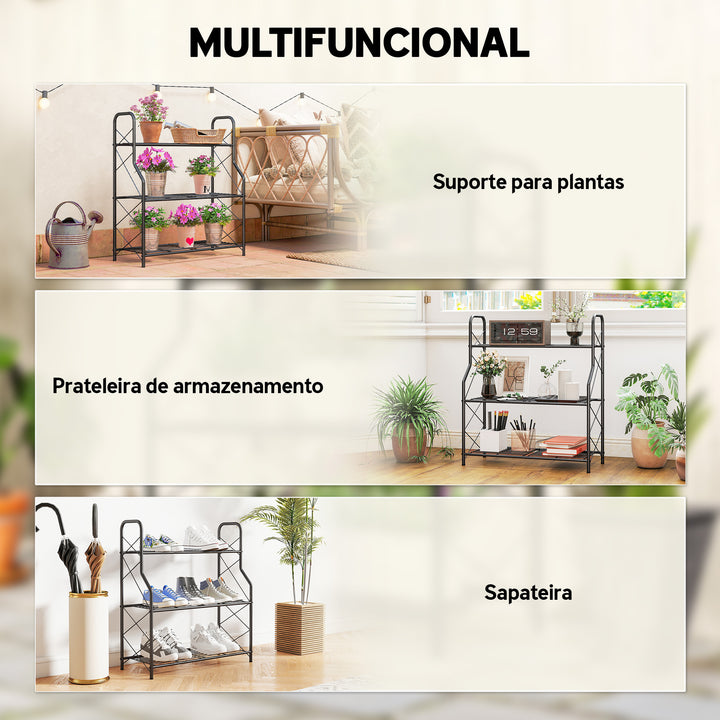 Suporte para Plantas de 3 Níveis para Interior e Exterior Estante Metálica com Pés Ajustáveis e Alças Resistente e Estável para Vasos Jardim Varanda Preto