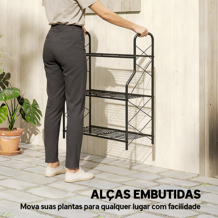 Suporte para Plantas de 3 Níveis para Interior e Exterior Estante Metálica com Pés Ajustáveis e Alças Resistente e Estável para Vasos Jardim Varanda Preto