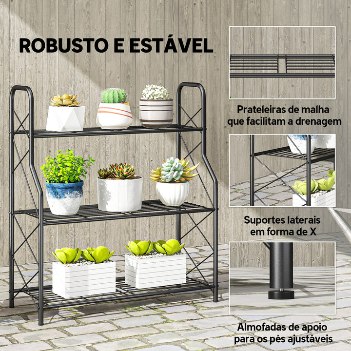 Suporte para Plantas de 3 Níveis para Interior e Exterior Estante Metálica com Pés Ajustáveis e Alças Resistente e Estável para Vasos Jardim Varanda Preto