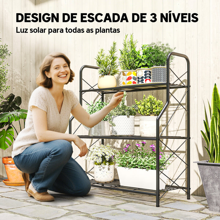 Suporte para Plantas de 3 Níveis para Interior e Exterior Estante Metálica com Pés Ajustáveis e Alças Resistente e Estável para Vasos Jardim Varanda Preto