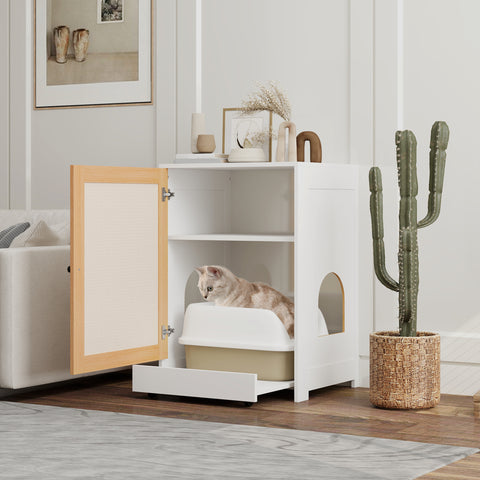 Caixa de Areia para Gatos Móvel Caixa de Areia para Gatos com Compartimento Extraível Rodas e Tapete para Arranhar Caixa e Areia para Gatos para Interior 57x50x80,5 cm Branco e Madeira