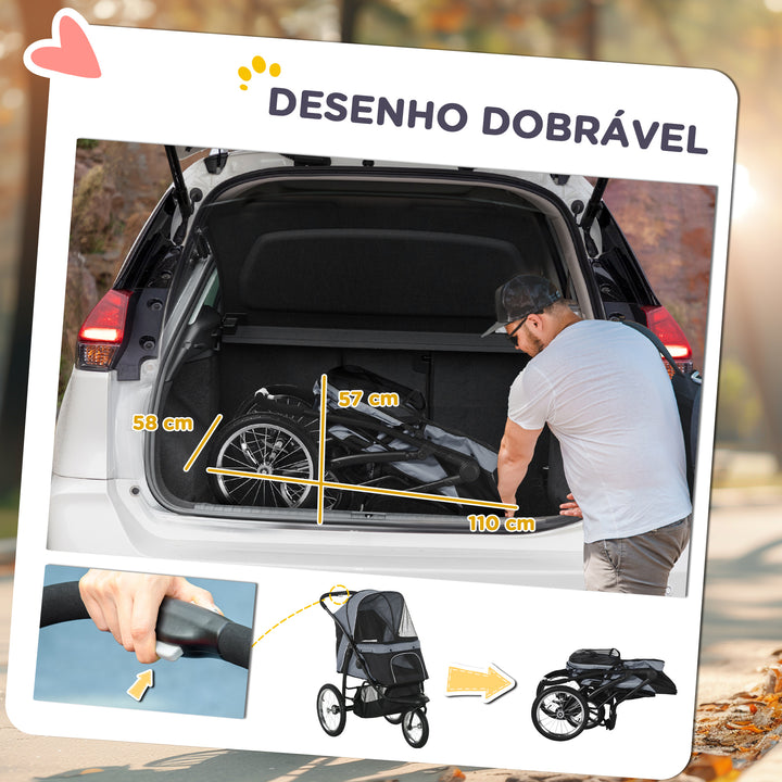 Carrinho para Cães Dobrável Carrinho para Animais de Estimação Carrinho para Cães Médios e Pequenos com Cesta de Armazenamento Capota Ajustável Janela de Malha e 3 Rodas Grandes 111x58x107 cm Cinza