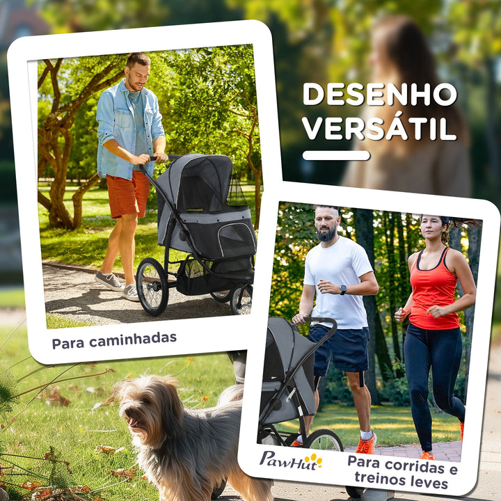 Carrinho para Cães Dobrável Carrinho para Animais de Estimação Carrinho para Cães Médios e Pequenos com Cesta de Armazenamento Capota Ajustável Janela de Malha e 3 Rodas Grandes 111x58x107 cm Cinza