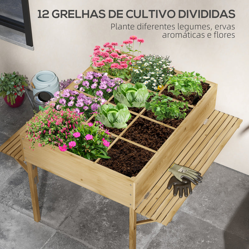 Horta Elevada de Madeira Horta Urbana Mesa de Cultivo 122x91,5x89 cm com 2 Prateleiras Dobráveis e Tecido Não Tecido para Cultivo Plantas Flores Vegetais Natural