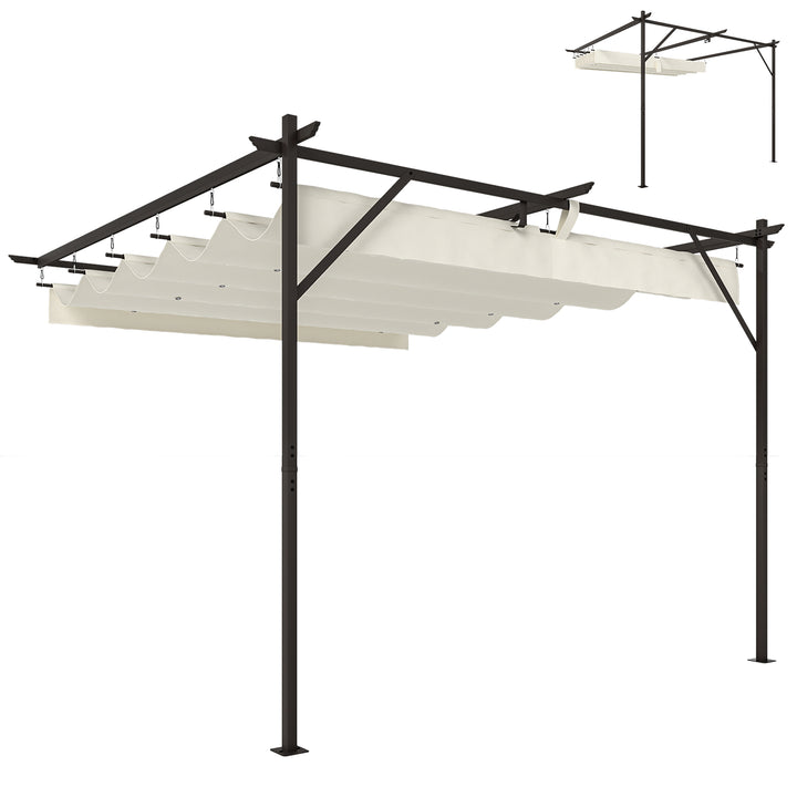 Pérgola de Jardim Adossada 3x3 m Pérgola Exterior com Telhado Retrátil Proteção UPF30+ Orifícios de Drenagem e Estrutura Metálica Ideal para Terraço Pátio Cor Creme