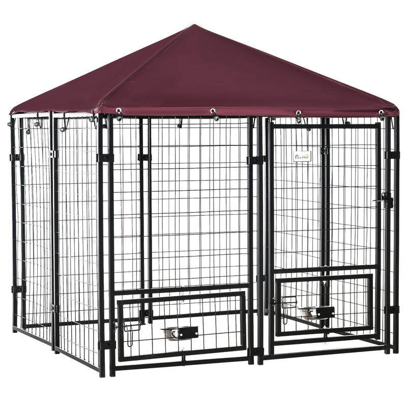 Parque para Cães com 8 Painéis Recinto para Cães Metálico de Exterior com 2 Suportes Giratórios para Comida 2 Tigelas e Toldo Impermeável e Anti-UV 141x141x153 cm Preto e Vermelho