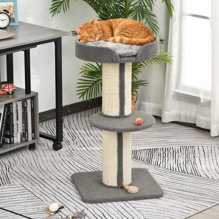 Arranhador para Gatos Altura 91 cm Arranhador para Gatos de 3 Níveis com Ninho Plataforma e Poste de Sisal 45x45x91 cm Cinza