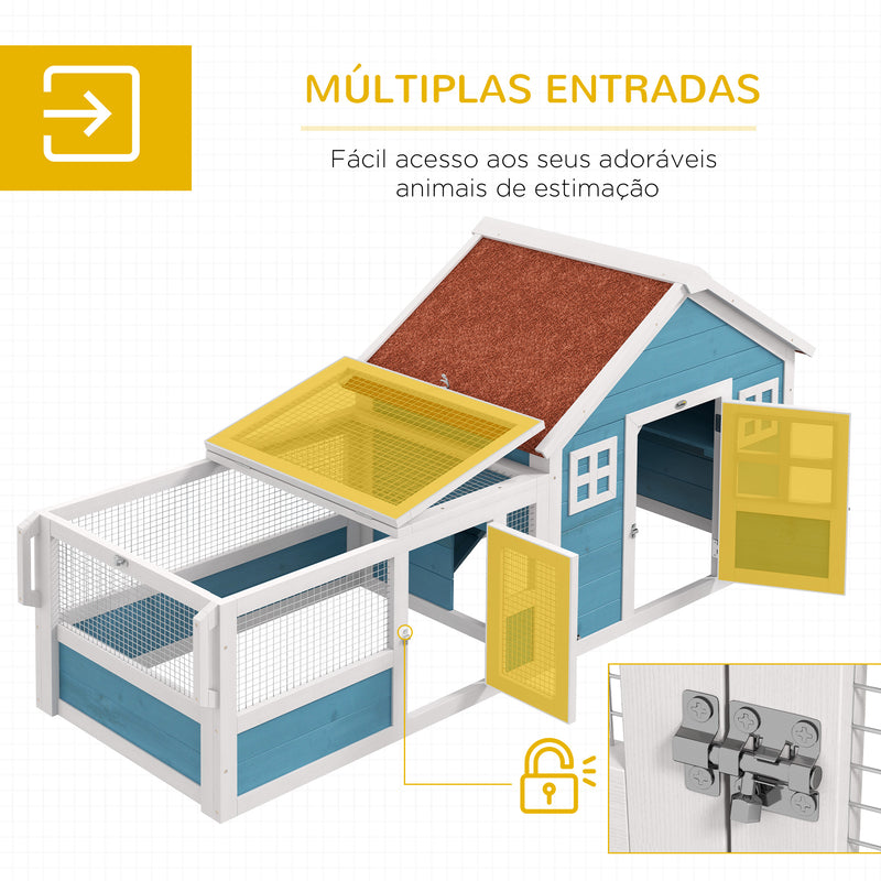 Coelheira Exterior de Madeira 162,5x59,2x77,6 cm Gaiola para Coelhos Grande com 2 Janelas de Decoração 2 Rodas 1 Porta 1 Rampa e Teto Asfáltico Azul