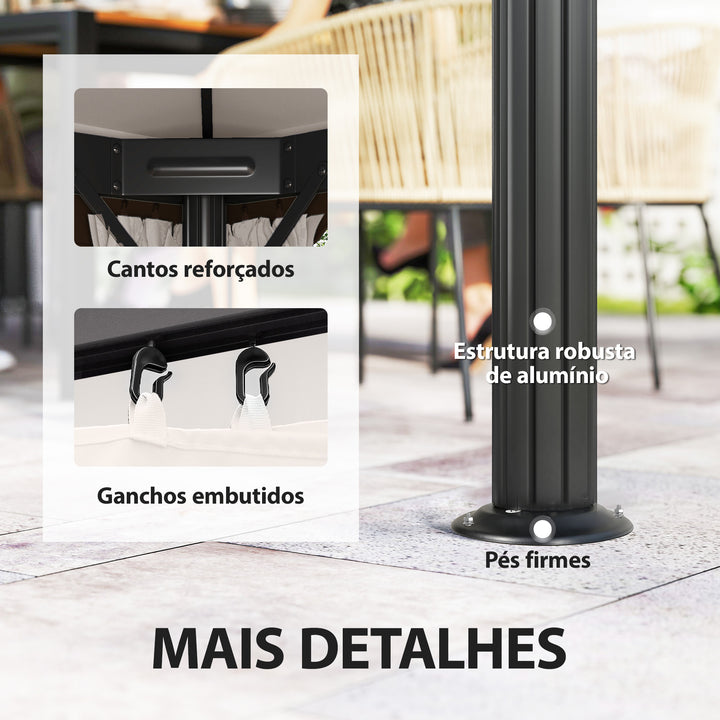 Pérgola de Jardim 390x290x270 cm Pérgola de Alumínio com Teto com Ventilação 4 Cortinas Laterais 4 Telas Mosquiteiras e 8 Orifícios de Drenagem para Festas Eventos Exterior Creme