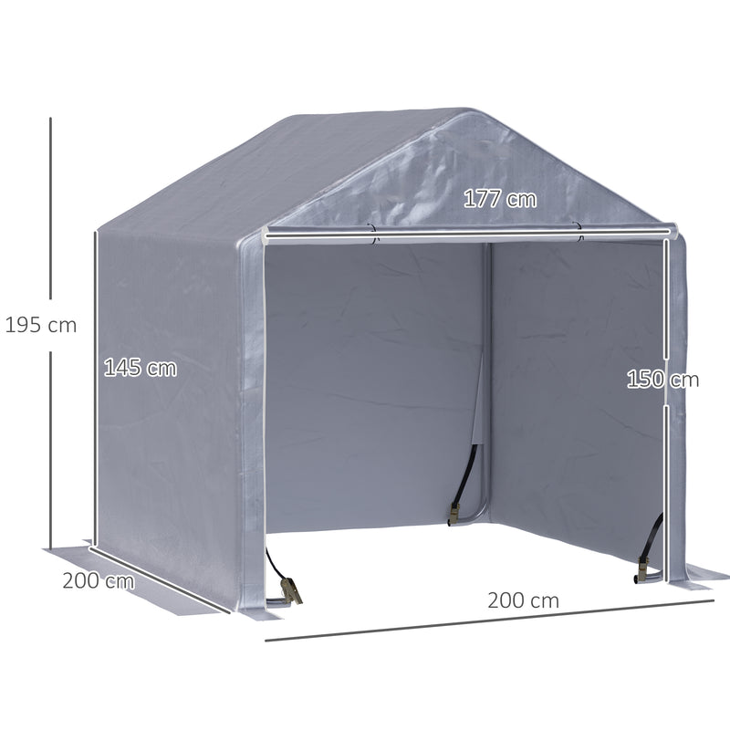 Tenda para Ferramentas Bicicletas e Motas 2x2x1,95 m Garagem Portátil com 1 Porta com Fecho de Correr 1 Cobertura de PE Impermeável Anti-UV e Estrutura de Aço Cinza