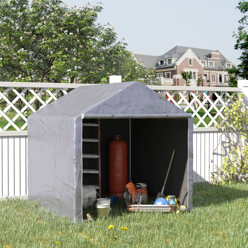 Tenda para Ferramentas Bicicletas e Motas 2x2x1,95 m Garagem Portátil com 1 Porta com Fecho de Correr 1 Cobertura de PE Impermeável Anti-UV e Estrutura de Aço Cinza