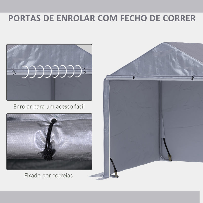 Tenda para Ferramentas Bicicletas e Motas 2x2x1,95 m Garagem Portátil com 1 Porta com Fecho de Correr 1 Cobertura de PE Impermeável Anti-UV e Estrutura de Aço Cinza