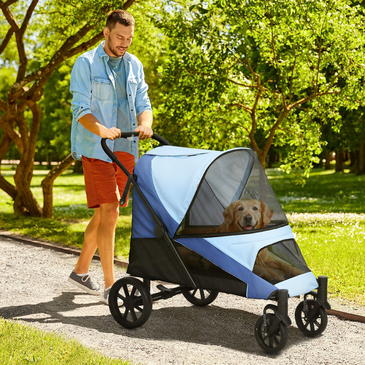 Carrinho para Cães Dobrável Carrinho para Cães Grandes com Rodas Grandes Correias de Segurança Estrutura Amortecedora Almofada Lavável 124x67x100 cm Azul
