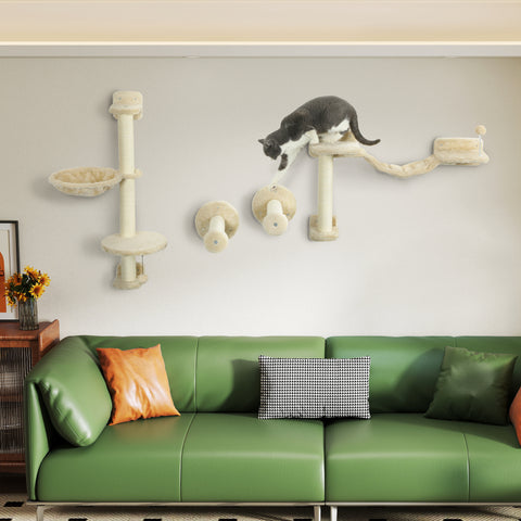 Prateleiras de Escalada para Gatos de Parede Conjunto de Prateleiras para Gatos 4 Peças com Rede Bola Plataformas de Saltar Poste de Sisal e Escada 84,5x19x54 cm Bege