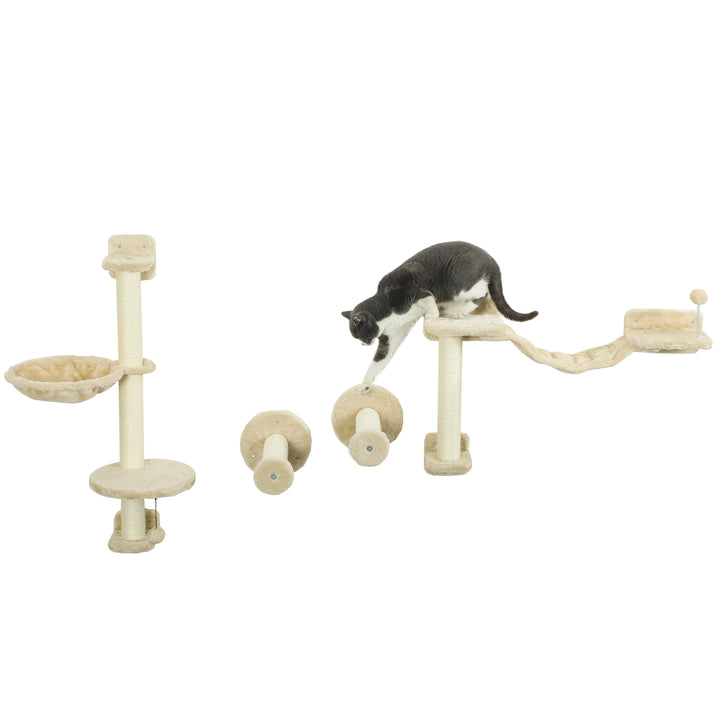Prateleiras de Escalada para Gatos de Parede Conjunto de Prateleiras para Gatos 4 Peças com Rede Bola Plataformas de Saltar Poste de Sisal e Escada 84,5x19x54 cm Bege