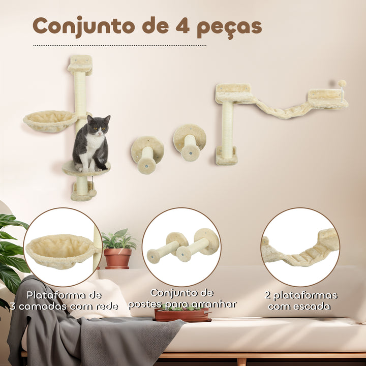 Prateleiras de Escalada para Gatos de Parede Conjunto de Prateleiras para Gatos 4 Peças com Rede Bola Plataformas de Saltar Poste de Sisal e Escada 84,5x19x54 cm Bege