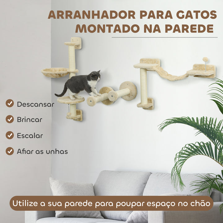 Prateleiras de Escalada para Gatos de Parede Conjunto de Prateleiras para Gatos 4 Peças com Rede Bola Plataformas de Saltar Poste de Sisal e Escada 84,5x19x54 cm Bege