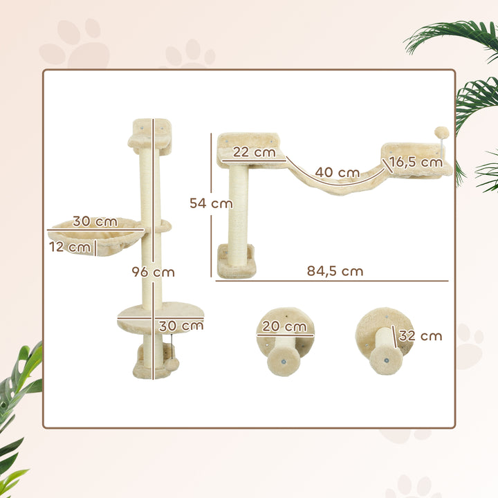 Prateleiras de Escalada para Gatos de Parede Conjunto de Prateleiras para Gatos 4 Peças com Rede Bola Plataformas de Saltar Poste de Sisal e Escada 84,5x19x54 cm Bege