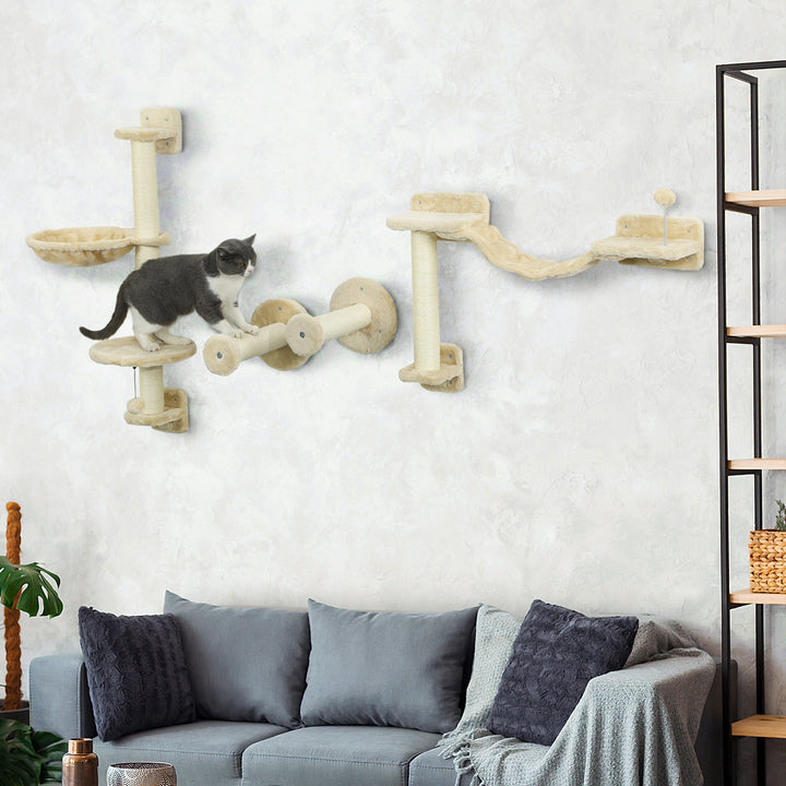 Prateleiras de Escalada para Gatos de Parede Conjunto de Prateleiras para Gatos 4 Peças com Rede Bola Plataformas de Saltar Poste de Sisal e Escada 84,5x19x54 cm Bege
