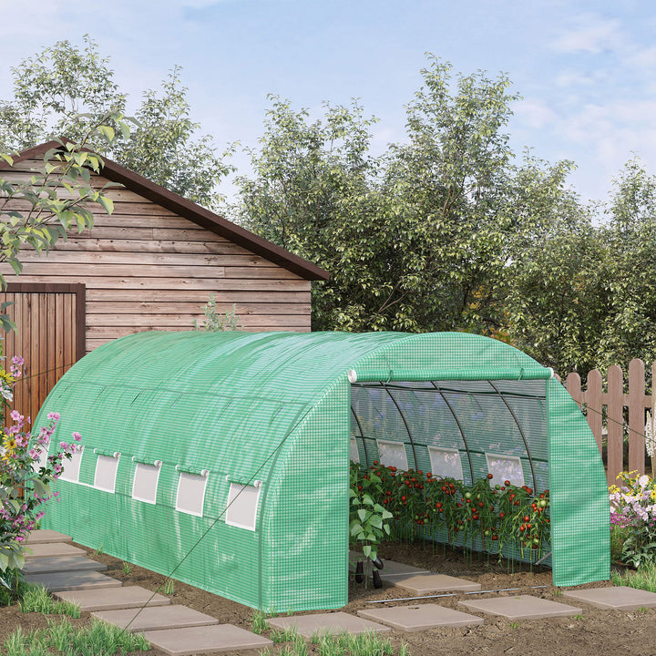 Estufa de Túnel de Jardim 597x300x200 cm com Porta Lateriais e Janelas Enroláveis Cobertura de PE 140g/m² e Metal Galvanizado para Cultivos de Plantas Verduras Verde