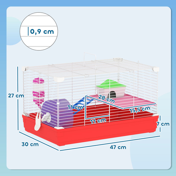 Gaiola para Hamster Casa para Hamster 47x30x27cm com 1 Andar Comedouro Bebedouro Rampa Roda de Exercício para Pequenos Animais Branco e Vermelho