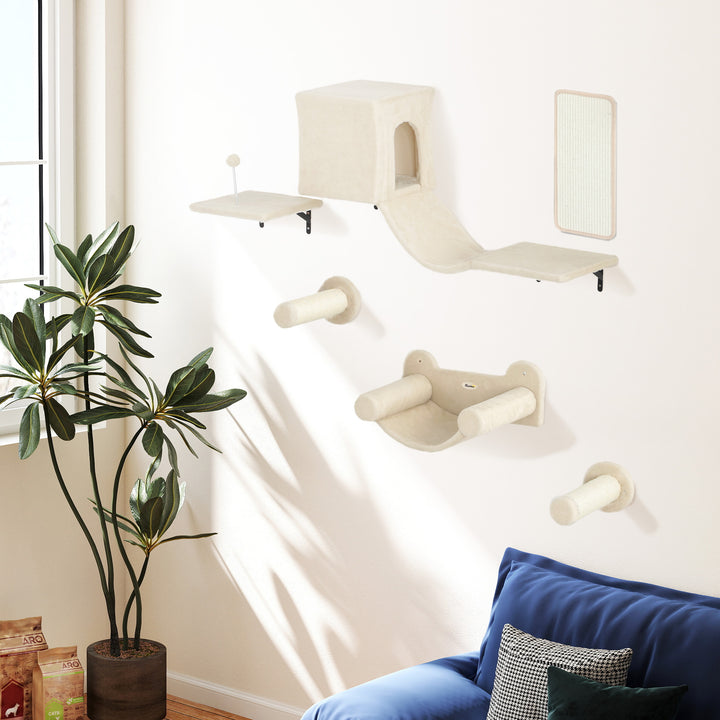 Conjunto de Prateleiras de Escalada para Gatos de 6 Peças Prateleiras para Gatos com Caverna Plataforma Rede Escadas Placa para Arranhar Poste de Sisal e Bola de Brinquedo Bege