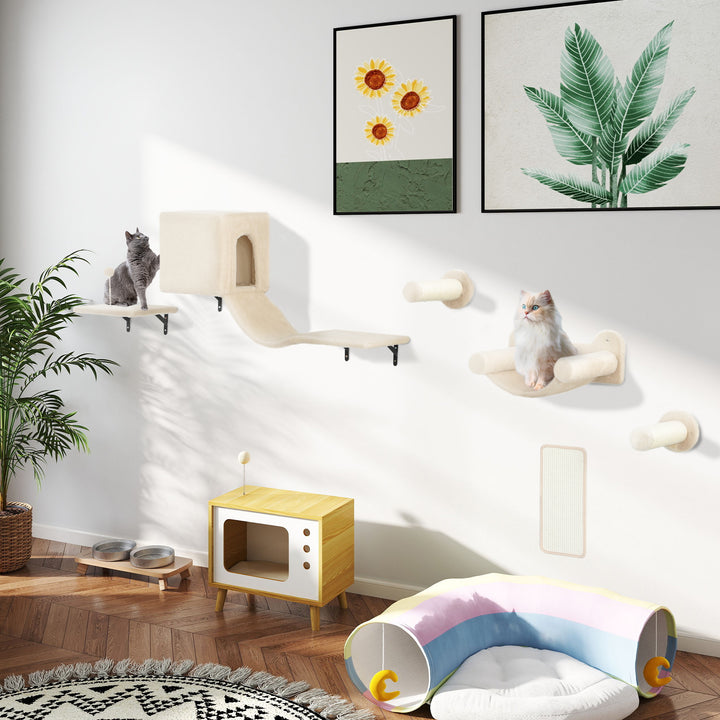 Conjunto de Prateleiras de Escalada para Gatos de 6 Peças Prateleiras para Gatos com Caverna Plataforma Rede Escadas Placa para Arranhar Poste de Sisal e Bola de Brinquedo Bege