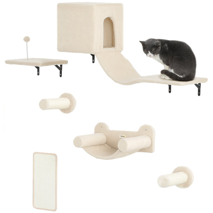 Conjunto de Prateleiras de Escalada para Gatos de 6 Peças Prateleiras para Gatos com Caverna Plataforma Rede Escadas Placa para Arranhar Poste de Sisal e Bola de Brinquedo Bege
