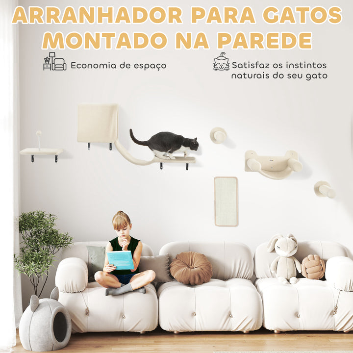 Conjunto de Prateleiras de Escalada para Gatos de 6 Peças Prateleiras para Gatos com Caverna Plataforma Rede Escadas Placa para Arranhar Poste de Sisal e Bola de Brinquedo Bege