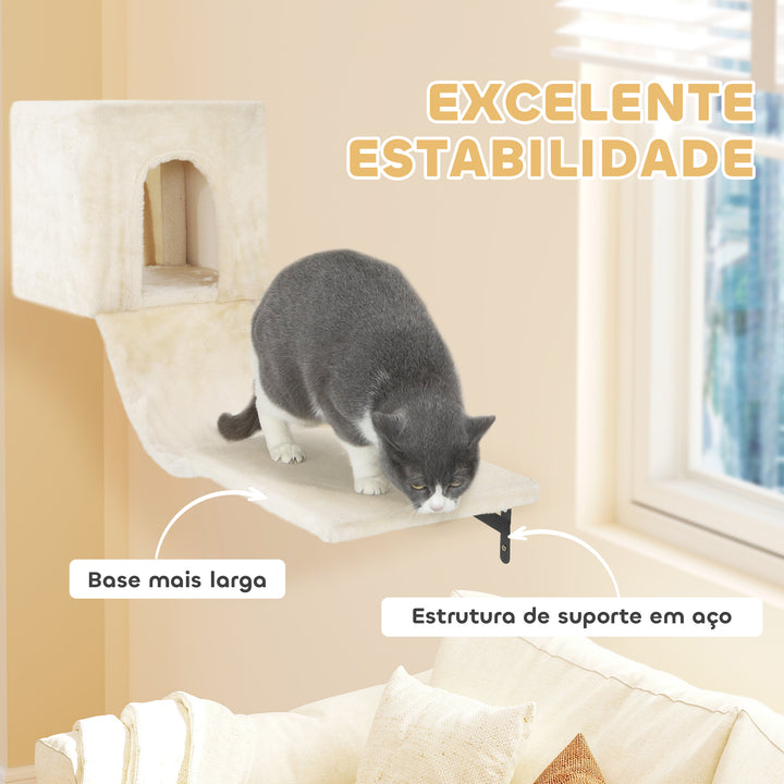 Conjunto de Prateleiras de Escalada para Gatos de 6 Peças Prateleiras para Gatos com Caverna Plataforma Rede Escadas Placa para Arranhar Poste de Sisal e Bola de Brinquedo Bege