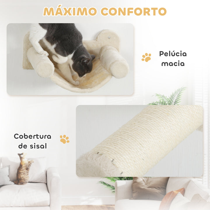 Conjunto de Prateleiras de Escalada para Gatos de 6 Peças Prateleiras para Gatos com Caverna Plataforma Rede Escadas Placa para Arranhar Poste de Sisal e Bola de Brinquedo Bege