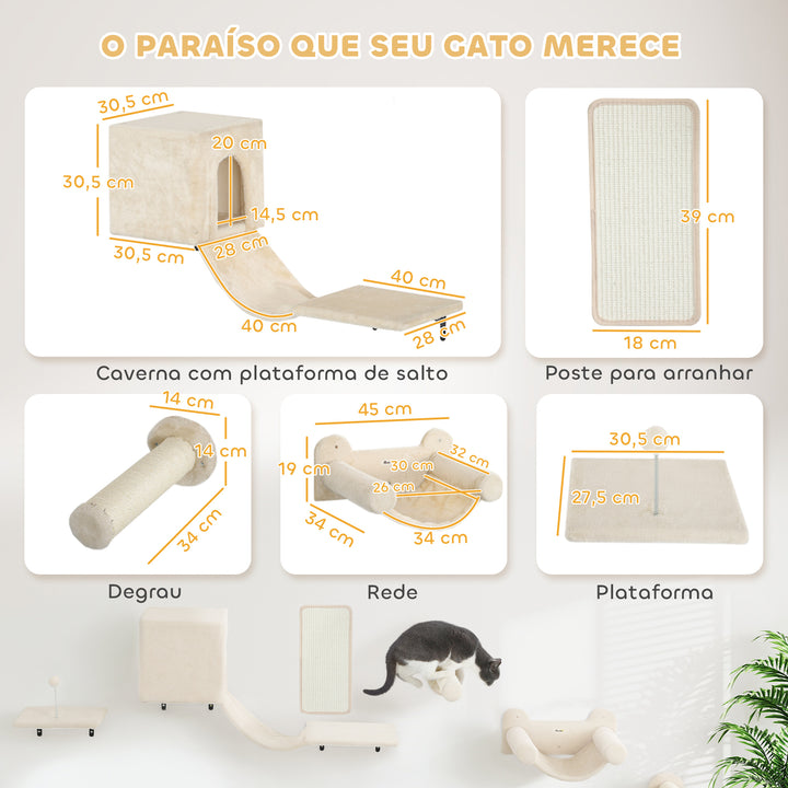 Conjunto de Prateleiras de Escalada para Gatos de 6 Peças Prateleiras para Gatos com Caverna Plataforma Rede Escadas Placa para Arranhar Poste de Sisal e Bola de Brinquedo Bege