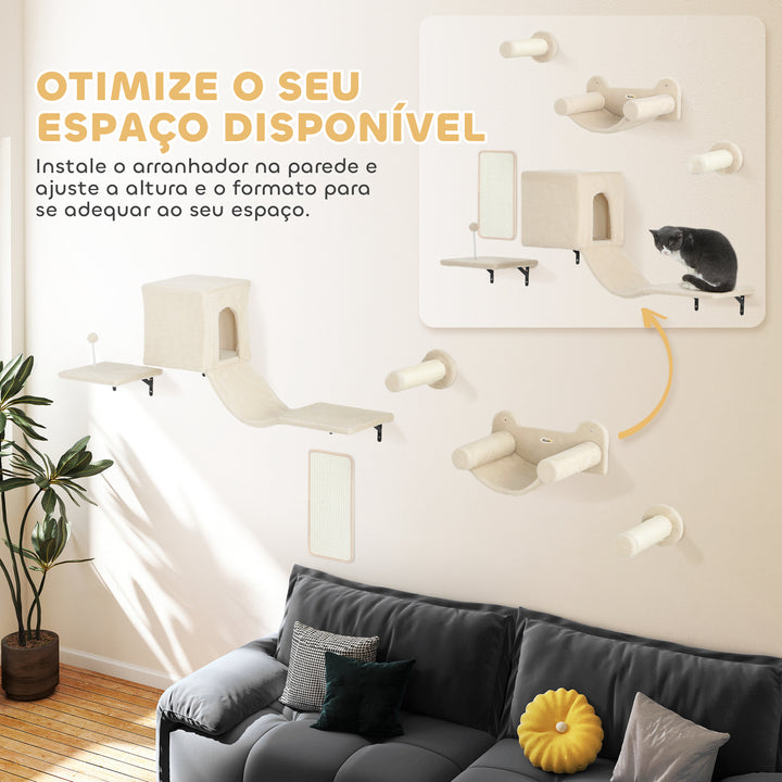 Conjunto de Prateleiras de Escalada para Gatos de 6 Peças Prateleiras para Gatos com Caverna Plataforma Rede Escadas Placa para Arranhar Poste de Sisal e Bola de Brinquedo Bege