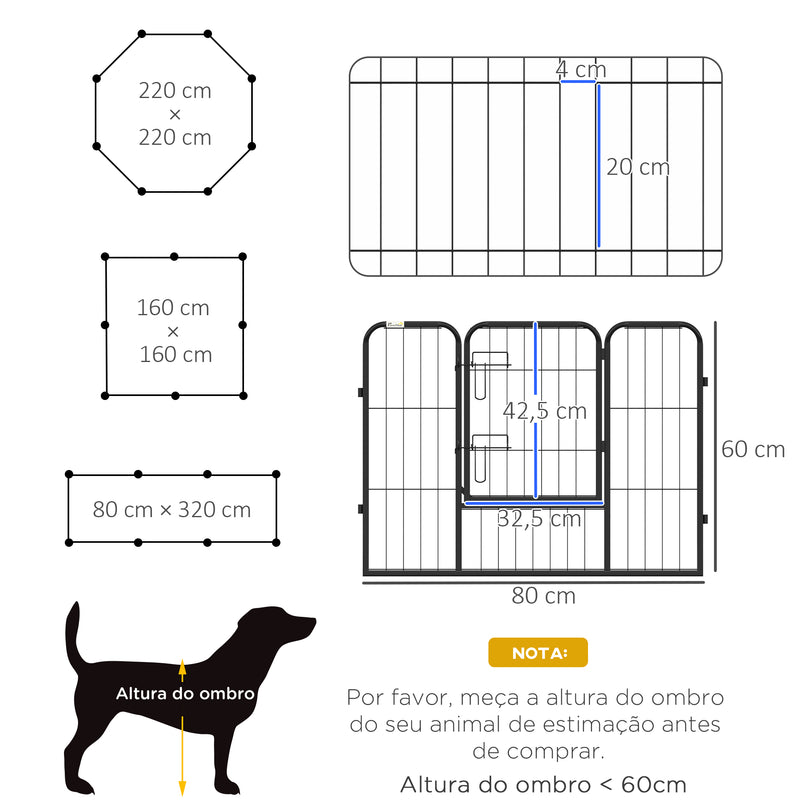 Parque para Animais de Estimação 8 Paineis 80x60cm Gaiola para Cães de Metal com Porta e Dupla Fechadura Cerca de Treinamento para Jardim Preto