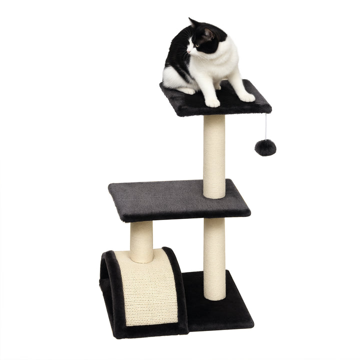 Arranhador para Gatos Médio Arranhador para Gatos de 3 Níveis Torre para Gatos com Postes de Sisal Placa para Arranhar e Bola Suspensa Cinzento Escuro