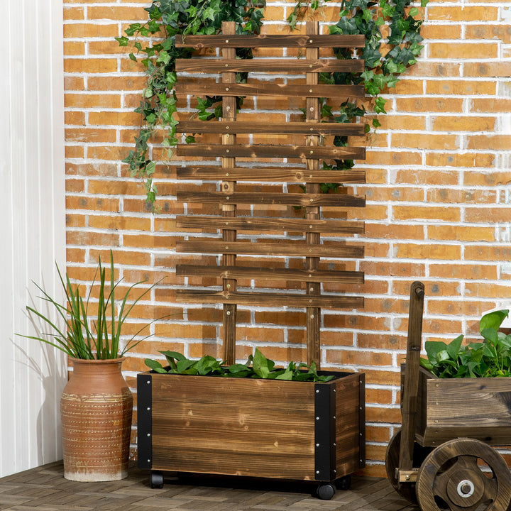 Floreira Exterior de Madeira Floreira com Treliça para Plantas Trepadeiras Tecido não Tecido Rodas e Cantos Metálicos de Dupla Camada para Pátio Varanda 65x31x147 cm Madeira