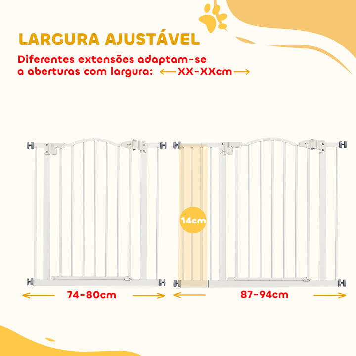 Barreira de Segurança para Cães Barreira com Largura Ajustável 74-94 cm Barreira para Cães com Extensão para Escadas e Portas Branco