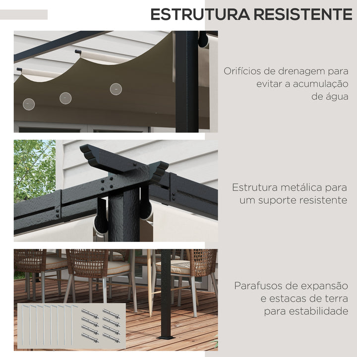 Pérgola de Jardim 3,95x2,95 cm Pérgola para Exterior com Teto Retrátil 4 Cortinas Enroláveis de Poliéster e Estrutura de Metal para Pátio Varanda Creme