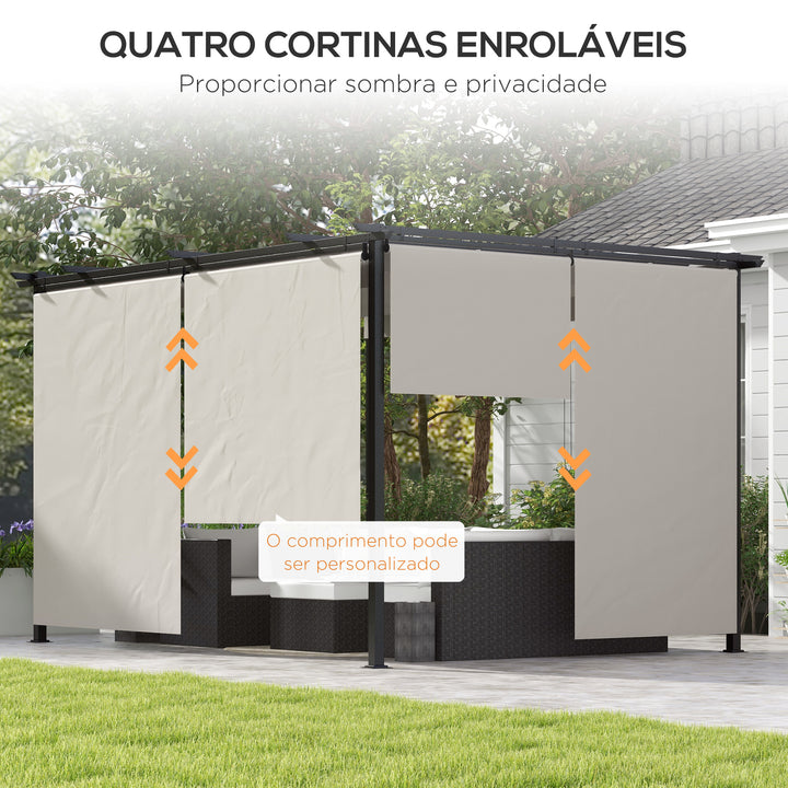 Pérgola de Jardim 3,95x2,95 cm Pérgola para Exterior com Teto Retrátil 4 Cortinas Enroláveis de Poliéster e Estrutura de Metal para Pátio Varanda Creme