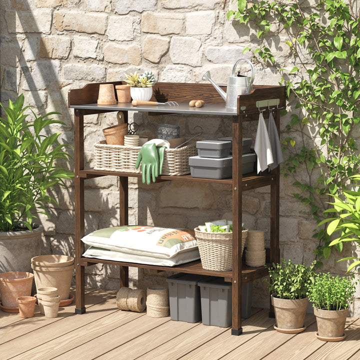 Mesa de Plantação de Madeira de 3 Níveis Mesa de Jardinagem com Superfície Metálica 2 Prateleiras e Ganchos Resistente às Intempéries para Jardim Terraço Varanda, 76x37x89 cm Carbonizado