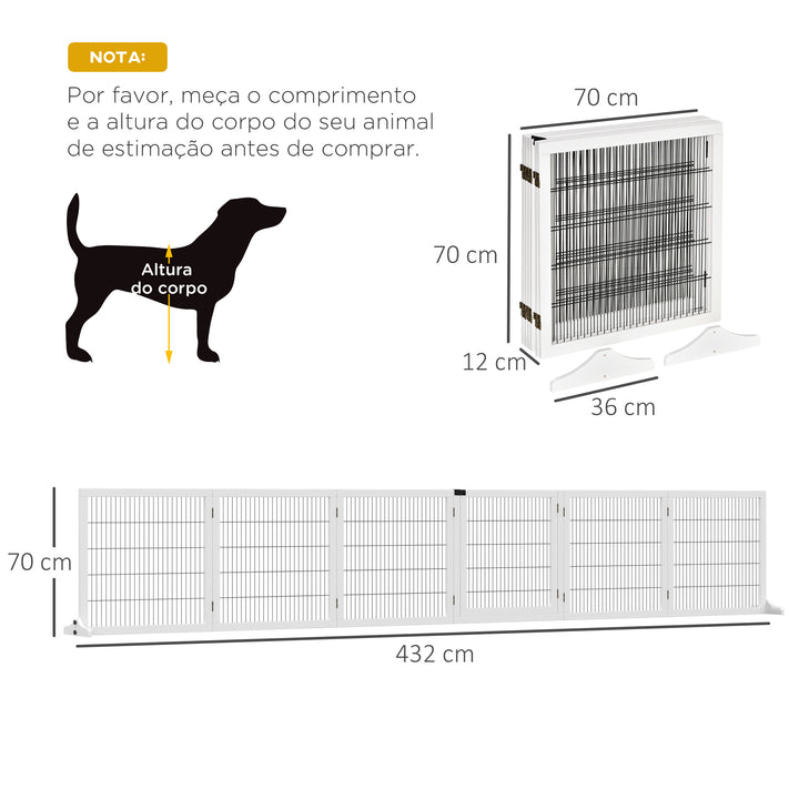 Barreira de Segurança para Cães de Madeira Dobrável para Escadas e Portas Grade para Cães Pequenos e Médios com 6 Painéis com Suporte de Pé para Interiores 432x36x70 cm Branco