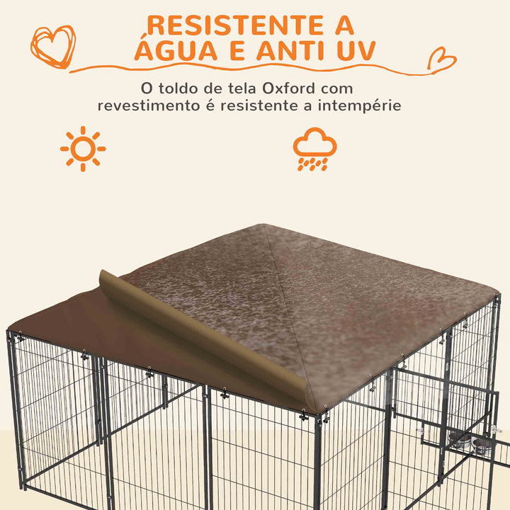 Parque para Cães com Toldo Canil para Exterior com Suporte Giratório para Comida 2 Tigelas Incluídas 211x211x151 cm Preto Marrom